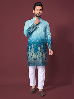 Atulya Men Printed Straight Kurta(Blue)