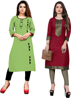 AAIKHODAL Women Applique Straight Kurta(Green, Maroon)
