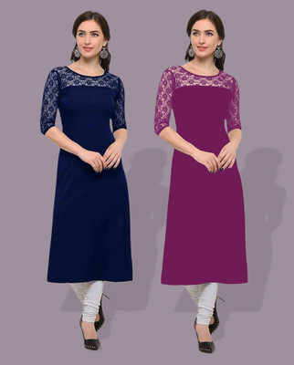 Maheshvi Women Self Design Straight Kurta(Dark Blue)