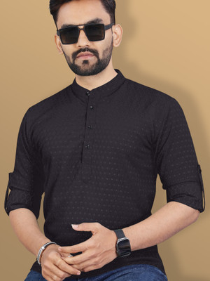 VeBNoR Men Self Design Straight Kurta(Black)