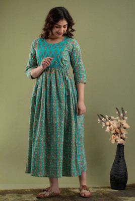 Khedapati Women Printed Anarkali Kurta(Green)