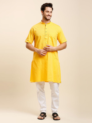 Rajubhai Hargovindas Men Woven Design A-line Kurta(Yellow)