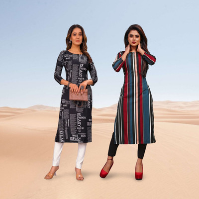 WOLISQ Women Striped, Printed Straight Kurta(Multicolor)