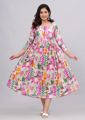 TANTANATAN Women Floral Print Anarkali Kurta(Green)