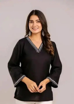 AGOKA Women Embroidered A-line Kurta(Black)