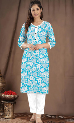 SMEnterprises Women Printed Straight Kurta(Blue)