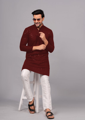 ELEPANTS Men Embellished Flared Kurta(Maroon)