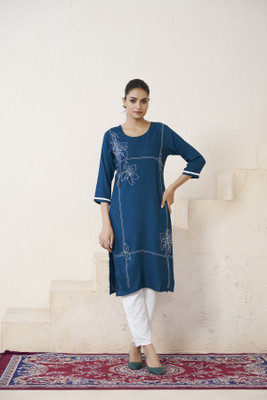 lunexa Women Embroidered A-line Kurta(Blue)