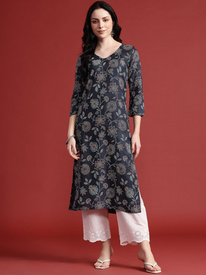 ANOUK Women Printed Straight Kurta(Black)