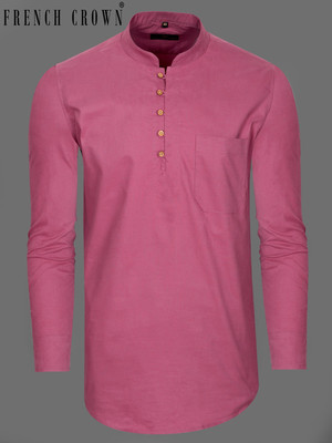 french crown Men Solid Straight Kurta(Pink)