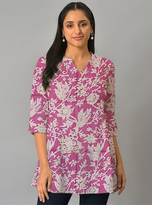 World of Mystery Women Floral Print Straight Kurta(Pink)