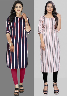 Hiral Creation Women Striped, Printed A-line Kurta(Pink, Purple)