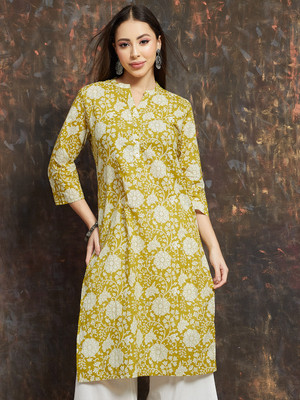 Melange by Lifestyle Women Floral Print Straight Kurta(Green)