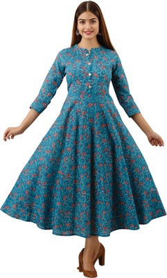 Loom Women Floral Print Flared Kurta(Dark Blue)