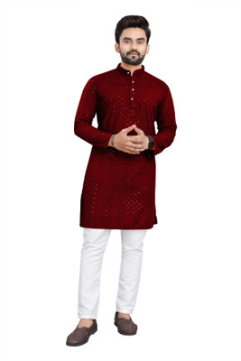 DIAMOND CLUSTER Men Embroidered Straight Kurta(Maroon)