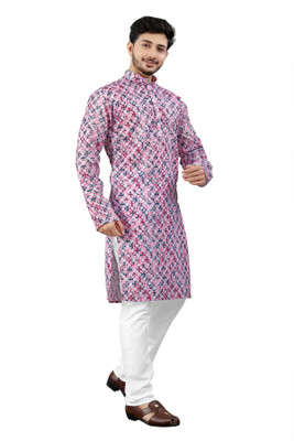 DHASU TRENDZ Men Printed Straight Kurta(Pink, Multicolor)