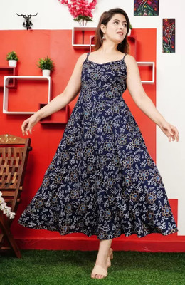 Demirner Women Fit and Flare Dark Blue Midi/Calf Length Dress