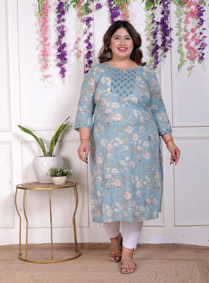 akritik Women Printed Straight Kurta(Light Blue)