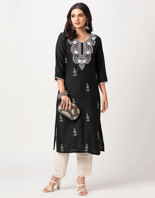 Skylee Women Chikan Embroidery, Embellished, Dyed/Ombre, Self Design Straight Kurta(Black)