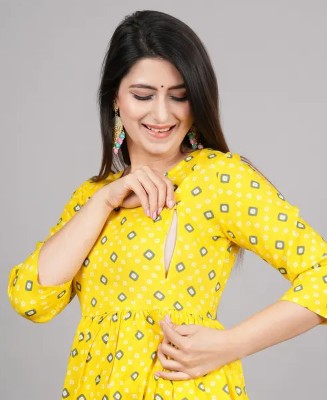 sadhnazon Women Printed Flared Kurta(Yellow)