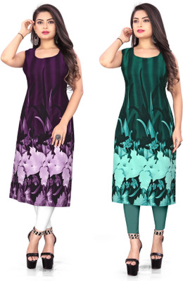 tanvi creation Women Floral Print Straight Kurta(Purple, Blue)