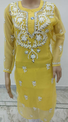 Handwork Chikankari Women Chikan Embroidery A-line Kurta(Yellow, White)