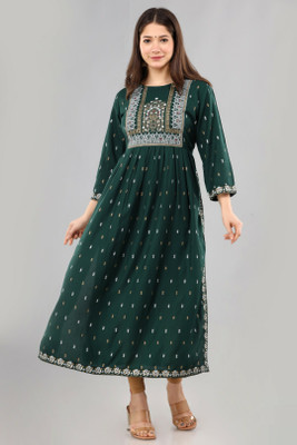 mahadevara creation Women Printed A-line Kurta(Green)