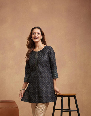 Fabindia Women Printed Straight Kurta(Black)