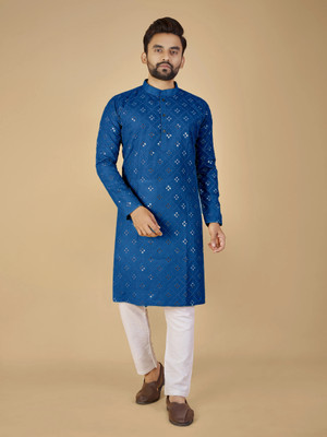 Vijay Enterprise Men Embroidered Straight Kurta(Light Blue)