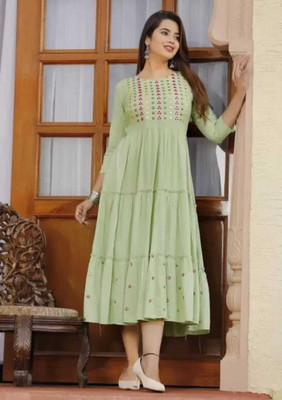 NeedlesCra Women Embroidered A-line Kurta(Green)