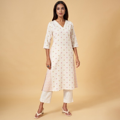 Rangmanch by Pantaloons Women Printed Flared Kurta(White, Gold, Pink)