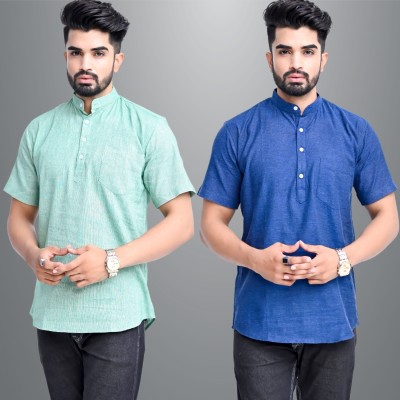 QuaClo Men Solid Straight Kurta(Light Blue, Dark Blue)