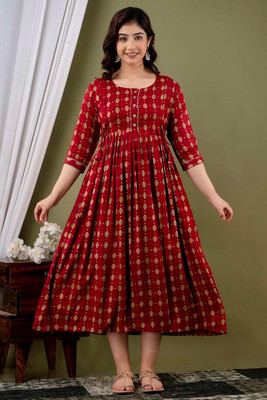 TRY ME Women Floral Print Gown Kurta(Red)