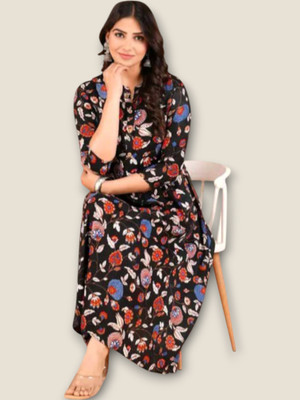 flexflow Women Printed Straight Kurta(Black)