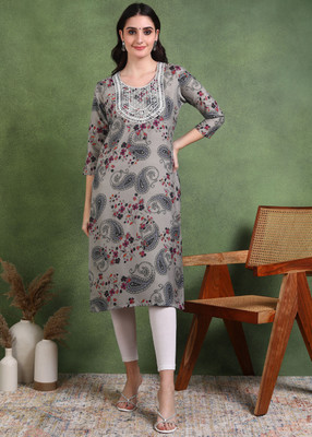 neshapex Women Printed Straight Kurta(Grey)