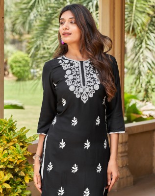 Skylee Women Chikan Embroidery, Embellished, Dyed/Ombre, Self Design Straight Kurta(Black)