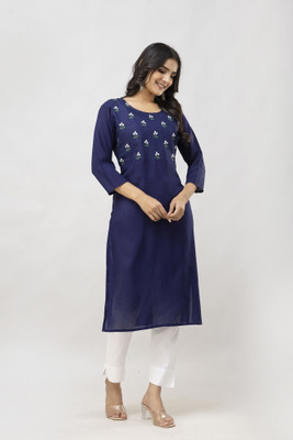 FashioJyoti Women Embroidered Straight Kurta(Blue)