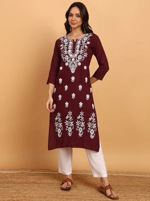 TOP N THREAD Women Self Design A-line Kurta(Maroon, White)