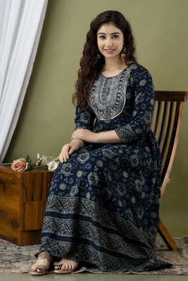 Kayastha Creation Women Printed Anarkali Kurta(Blue)