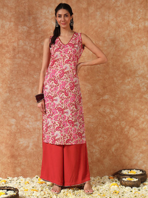 MEERANSHI LIVING Women Printed Straight Kurta(Pink)