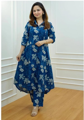PRAVIK Women Self Design A-line Kurta(Dark Blue, White)