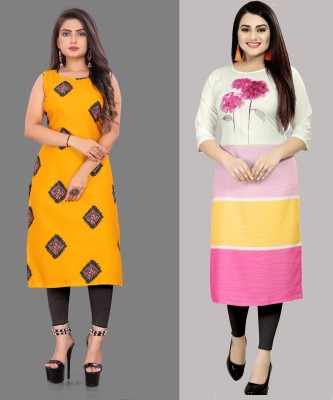 Modli 20 Fashion Women Printed Straight Kurta(White, Yellow)