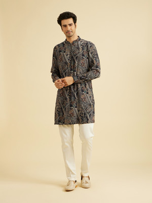 MANYAVAR Men Printed Straight Kurta(Dark Blue)