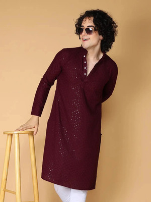 ArjunEnterprice Men Embellished Straight Kurta(Maroon)
