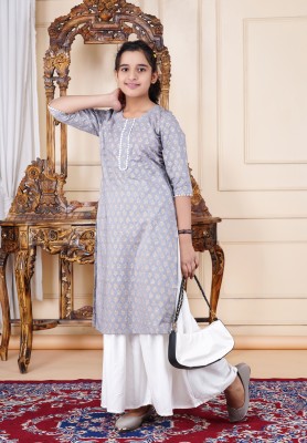 DMP EXPORT Girls Floral Print Straight Kurta(Grey)