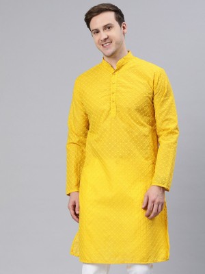 Majestic Man Men Chikan Embroidery A-line Kurta(Yellow)