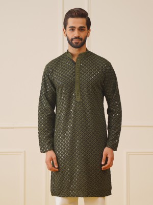 Jompers Men Embroidered Straight Kurta(Green)