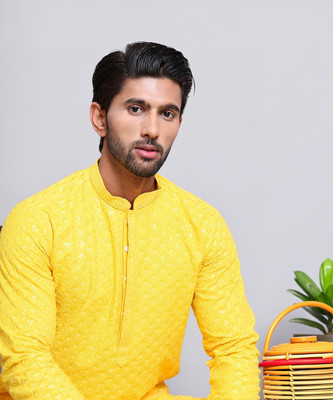 ANOUK Men Embroidered Straight Kurta(Yellow)