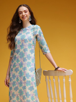 HERE&NOW Women Floral Print Straight Kurta(White, Blue)