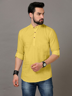 ART CURTAIN Men Solid Straight Kurta(Yellow)